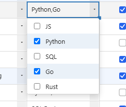 Multiselect editor open, showing checkboxes for each option