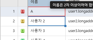 Validation error: red-bordered cell with an error tooltip